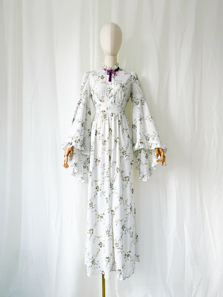 Ethereal Heavenly Angel Sleeve 1970s Cotton Maxi Dress