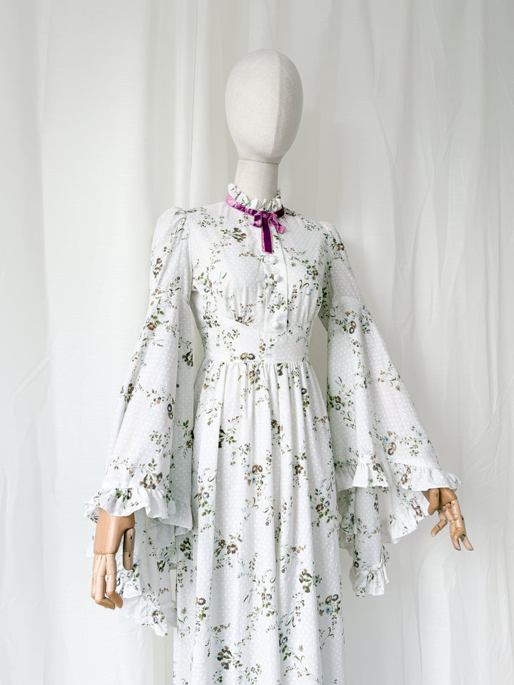 Ethereal Heavenly Angel Sleeve 1970s Cotton Maxi Dress