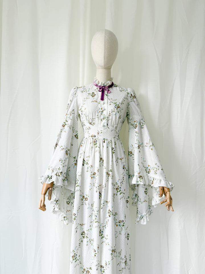Ethereal Heavenly Angel Sleeve 1970s Cotton Maxi Dress