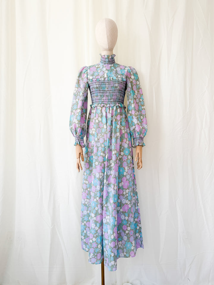 Adorable Rare 1970s Smocked Cotton Floral Maxi Dress by Marcel Fenez