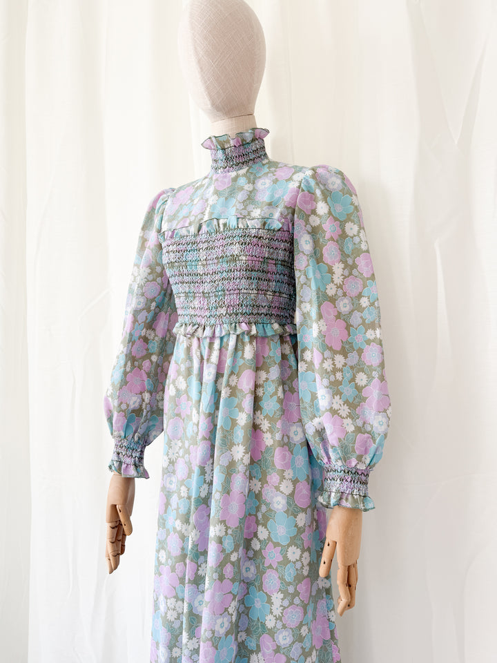 Adorable Rare 1970s Smocked Cotton Floral Maxi Dress by Marcel Fenez