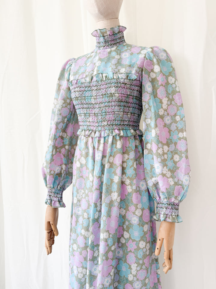 Adorable Rare 1970s Smocked Cotton Floral Maxi Dress by Marcel Fenez