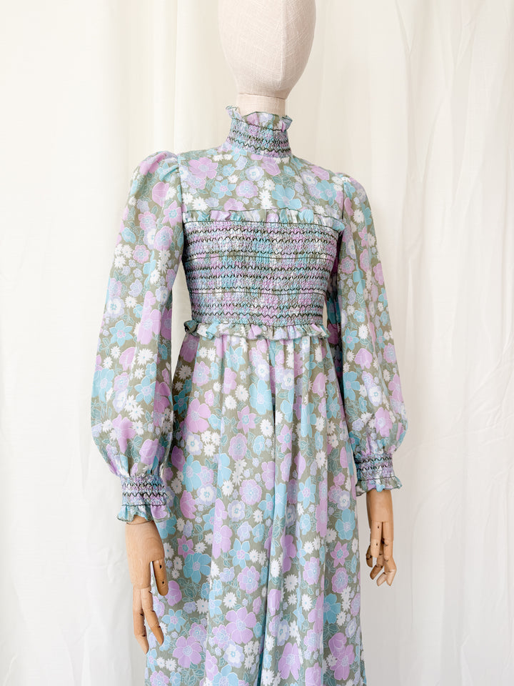 Adorable Rare 1970s Smocked Cotton Floral Maxi Dress by Marcel Fenez