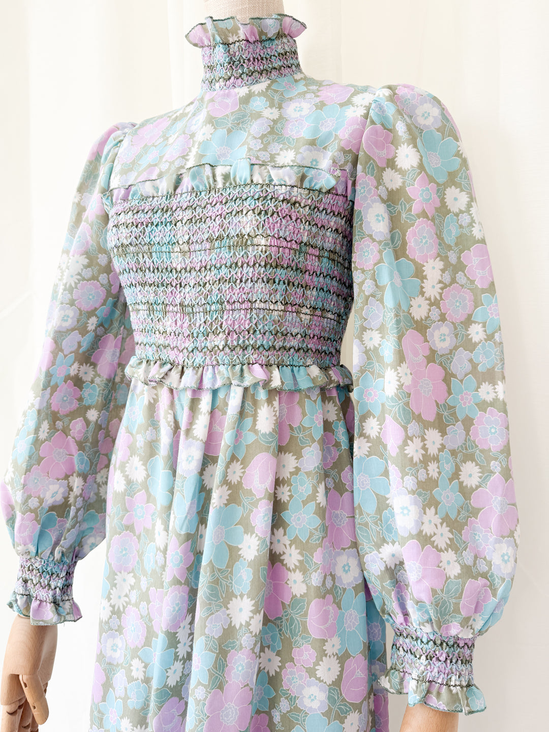 Adorable Rare 1970s Smocked Cotton Floral Maxi Dress by Marcel Fenez