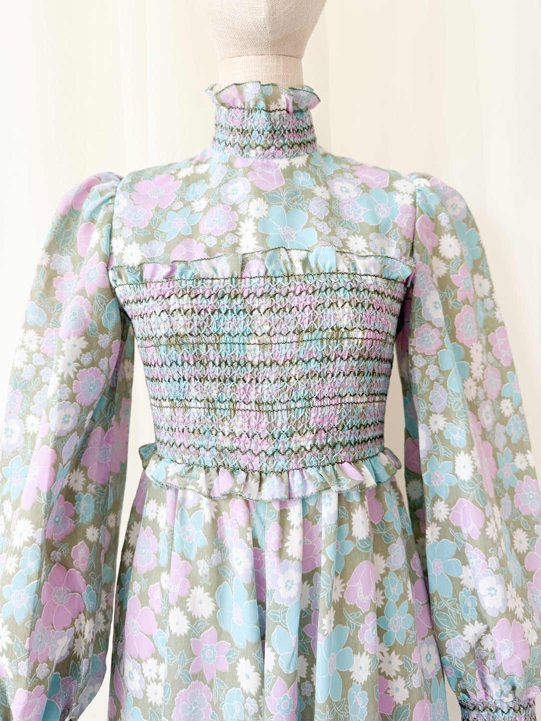 Adorable Rare 1970s Smocked Cotton Floral Maxi Dress by Marcel Fenez