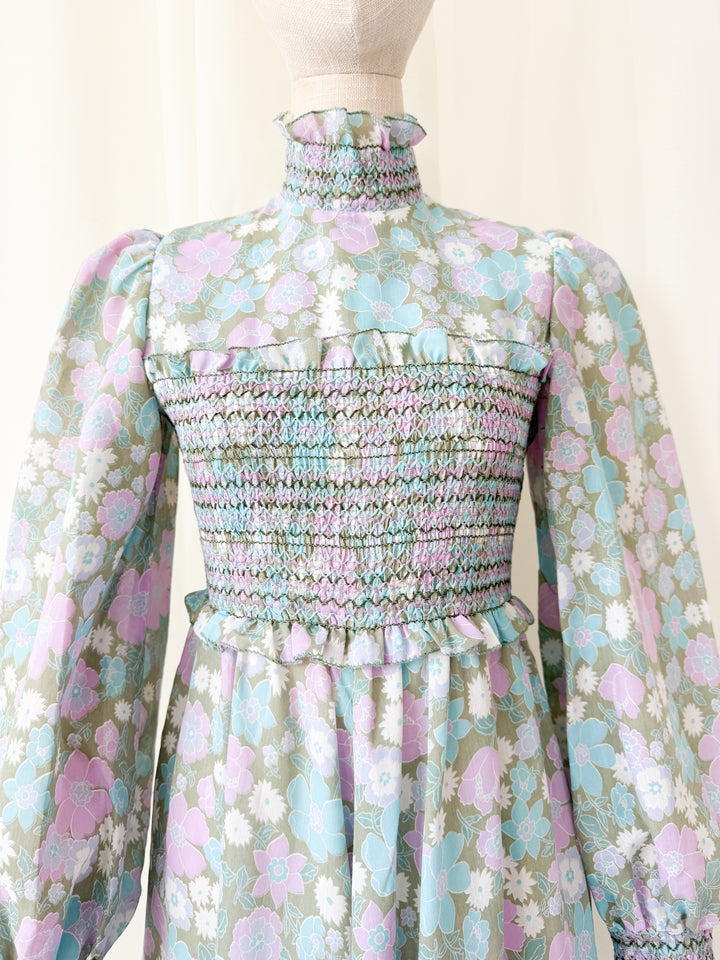 Adorable Rare 1970s Smocked Cotton Floral Maxi Dress by Marcel Fenez