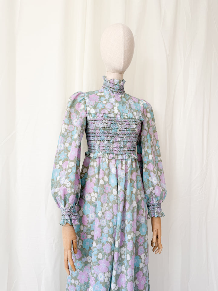 Adorable Rare 1970s Smocked Cotton Floral Maxi Dress by Marcel Fenez