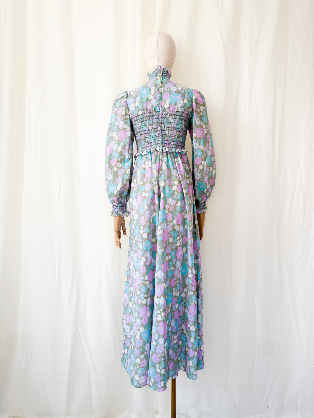 Adorable Rare 1970s Smocked Cotton Floral Maxi Dress by Marcel Fenez