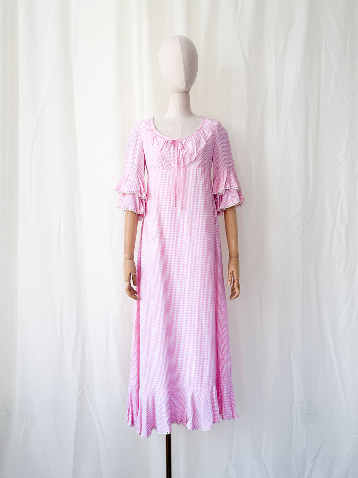 Cute Rare 1970s Richard Shops Pink Gingham Cotton Maxi Dress