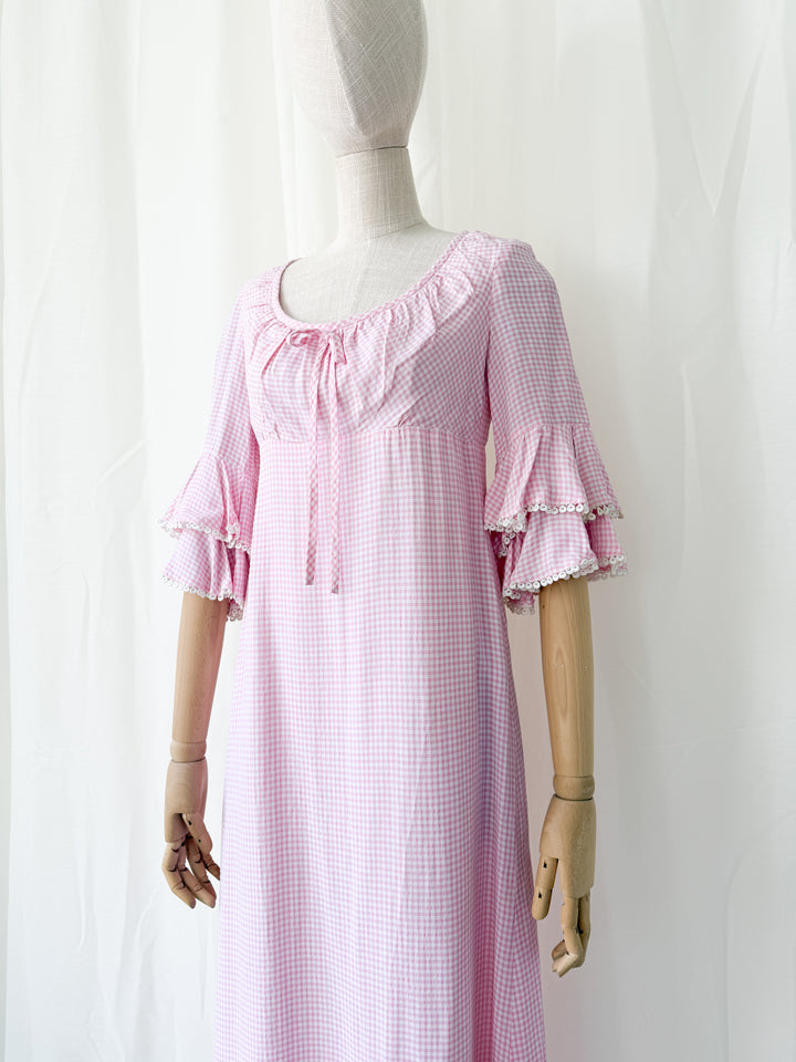 Cute Rare 1970s Richard Shops Pink Gingham Cotton Maxi Dress
