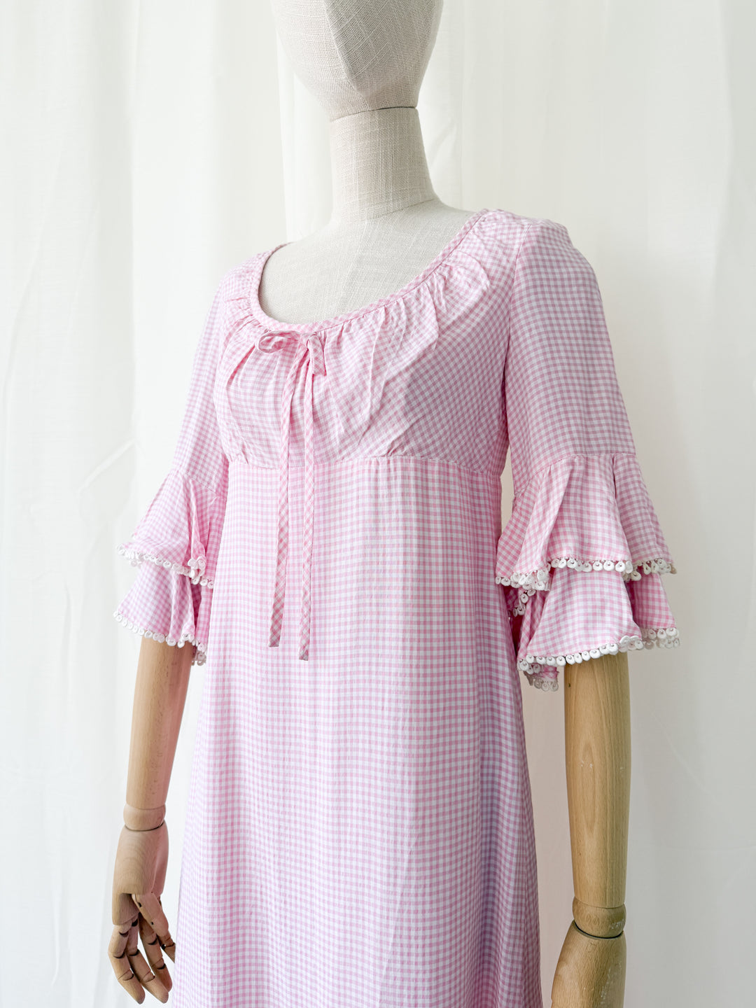 Cute Rare 1970s Richard Shops Pink Gingham Cotton Maxi Dress