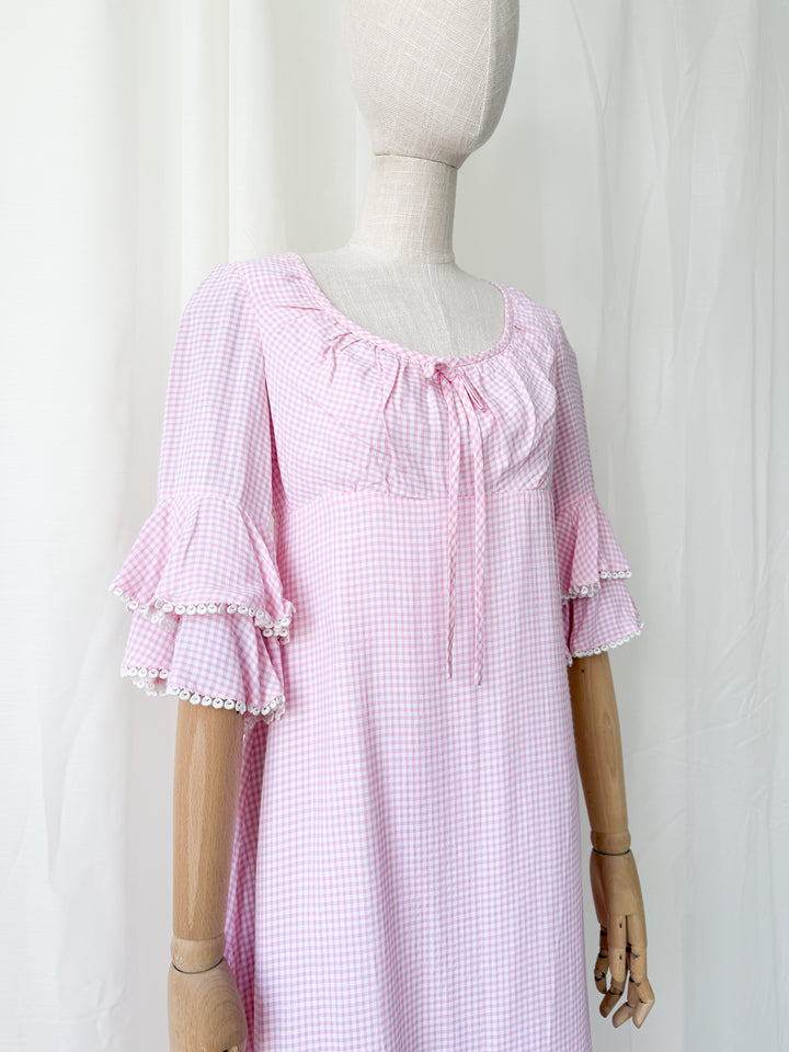 Cute Rare 1970s Richard Shops Pink Gingham Cotton Maxi Dress