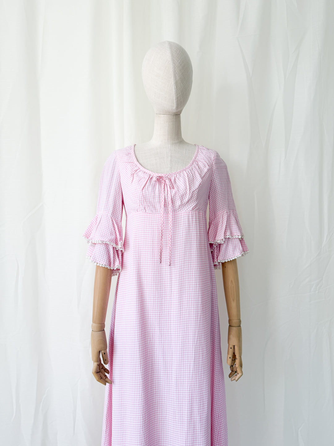 Cute Rare 1970s Richard Shops Pink Gingham Cotton Maxi Dress