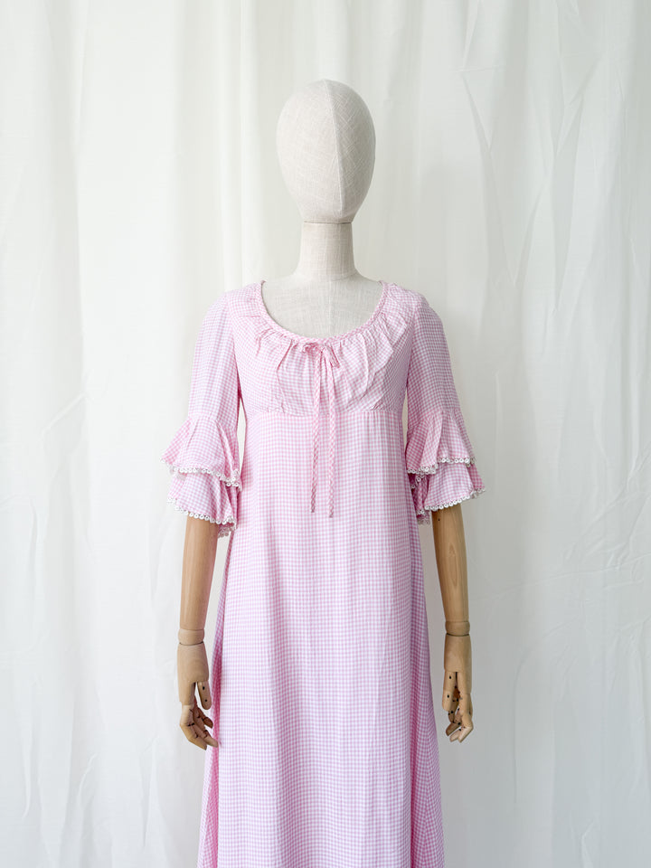 Cute Rare 1970s Richard Shops Pink Gingham Cotton Maxi Dress