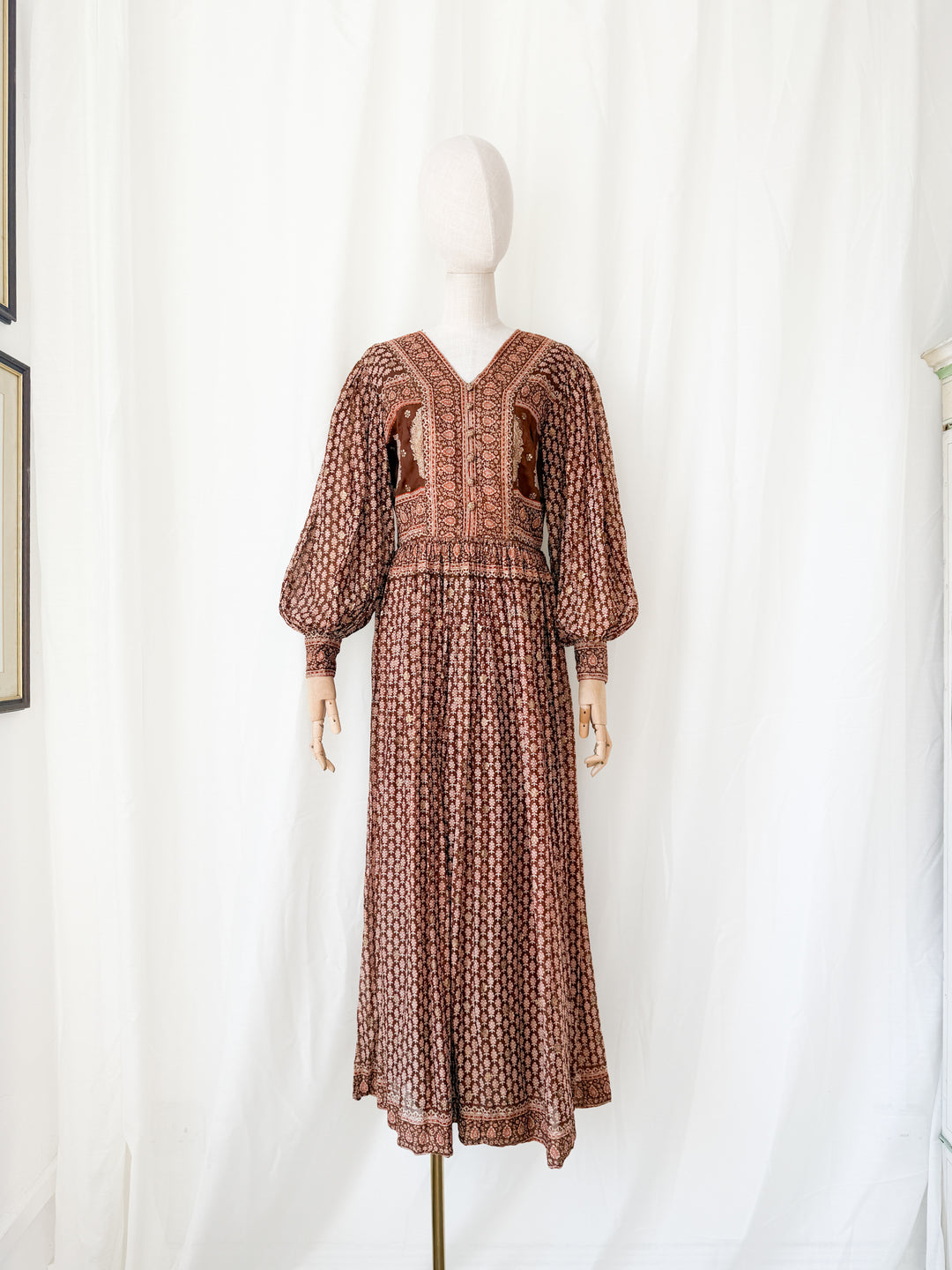 Insane Holy Grail Rare 1970s  Indian Cotton Gauze Block Print Gold Stamp Maxi Dress