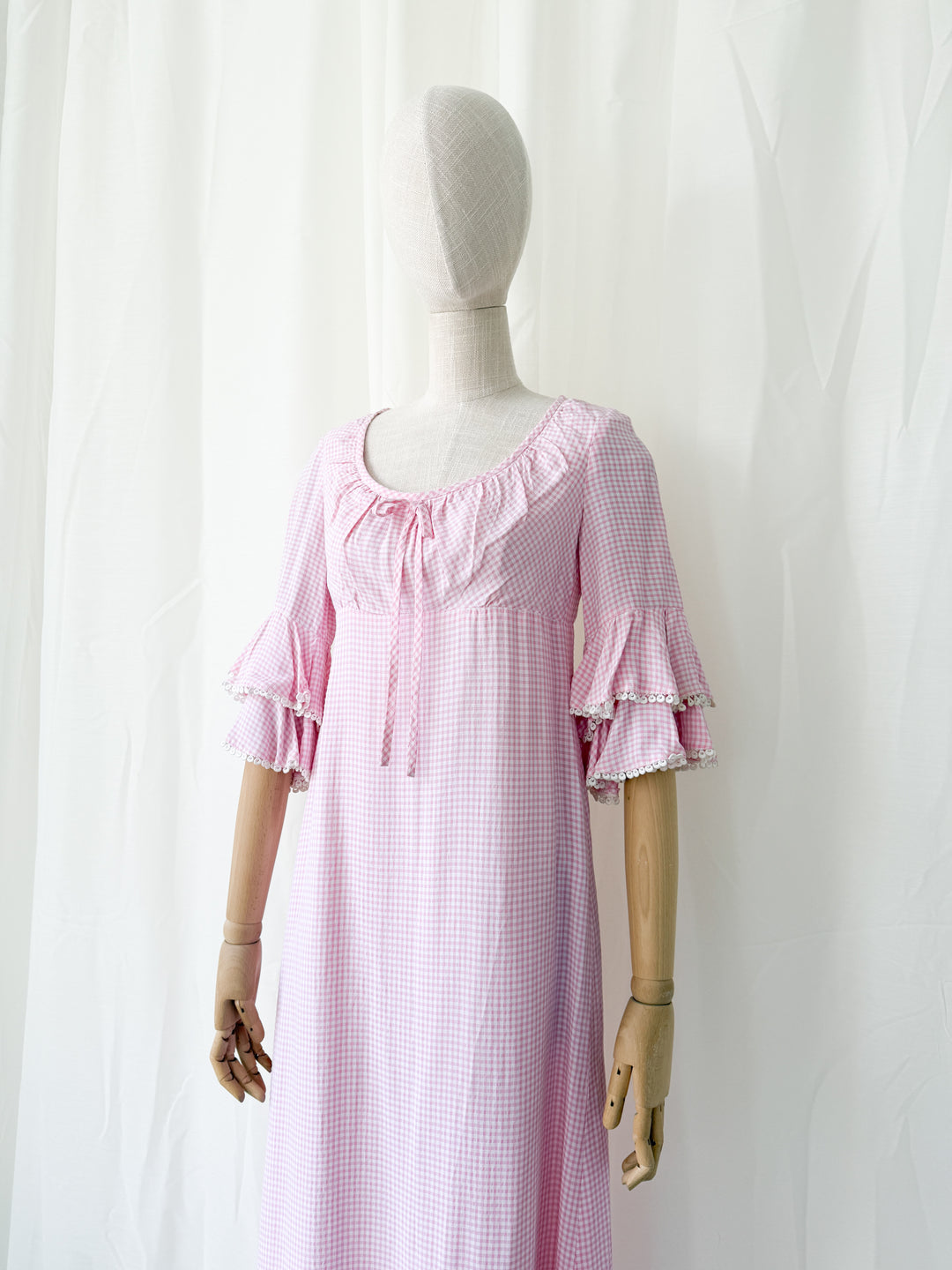 Cute Rare 1970s Richard Shops Pink Gingham Cotton Maxi Dress