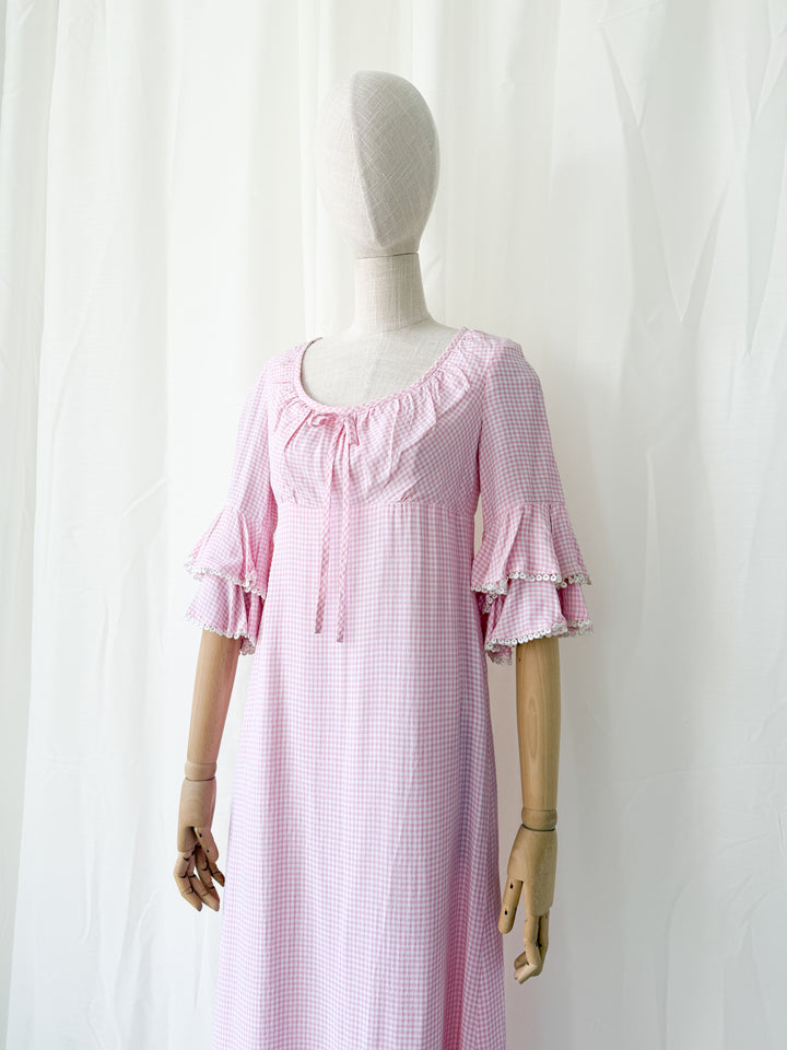 Cute Rare 1970s Richard Shops Pink Gingham Cotton Maxi Dress
