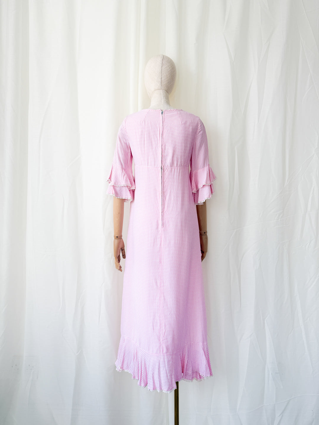 Cute Rare 1970s Richard Shops Pink Gingham Cotton Maxi Dress