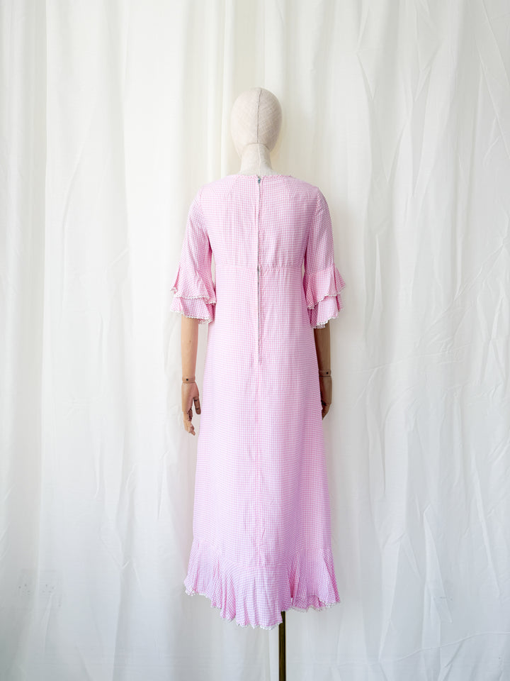Cute Rare 1970s Richard Shops Pink Gingham Cotton Maxi Dress