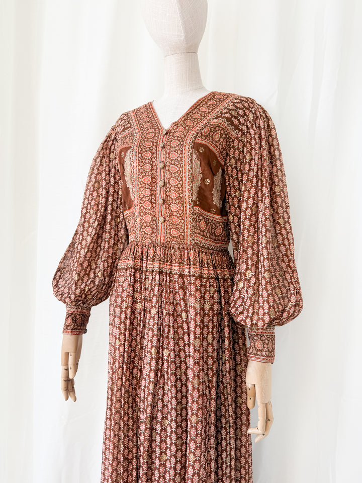 Insane Holy Grail Rare 1970s  Indian Cotton Gauze Block Print Gold Stamp Maxi Dress