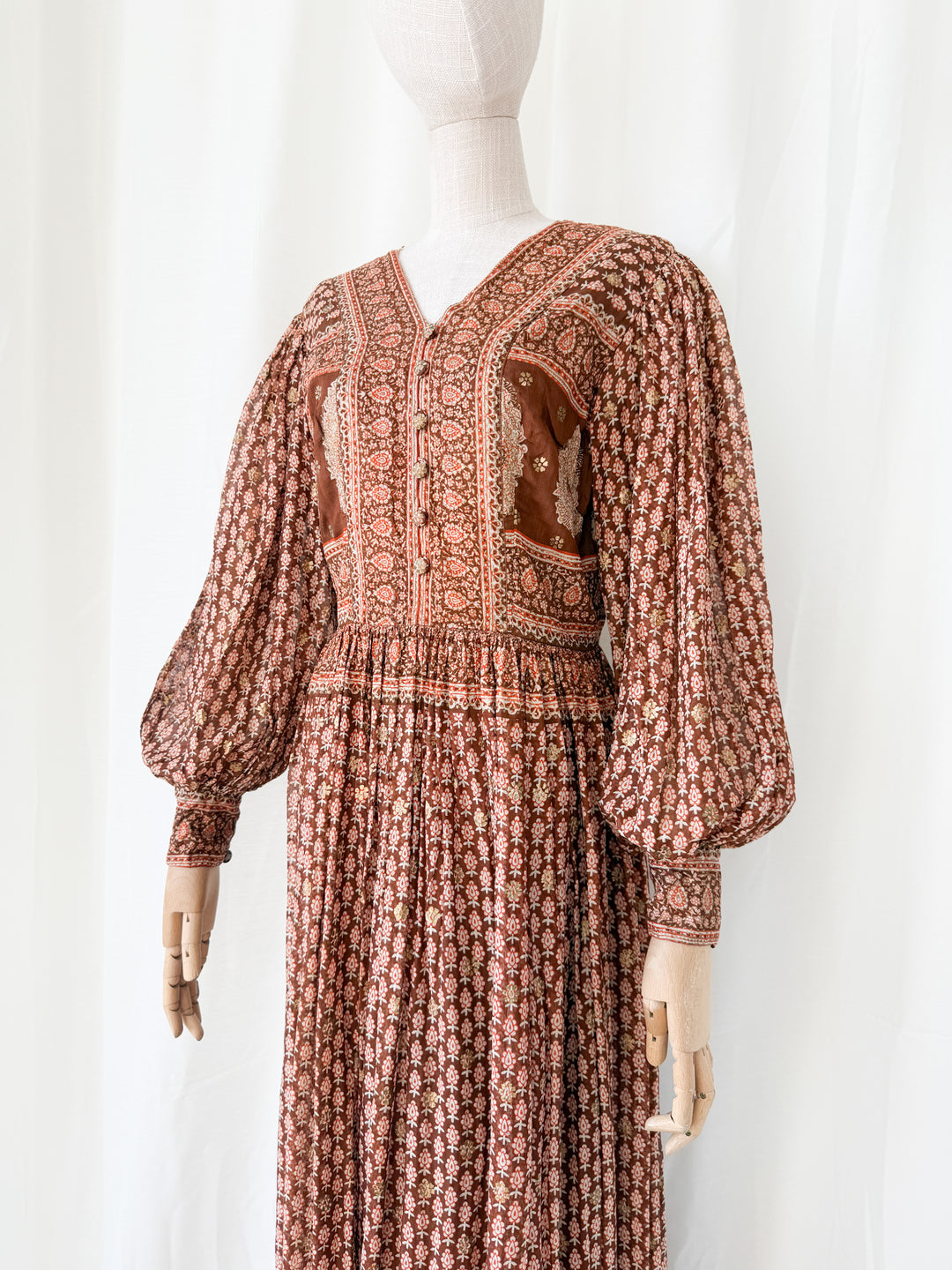 Insane Holy Grail Rare 1970s  Indian Cotton Gauze Block Print Gold Stamp Maxi Dress