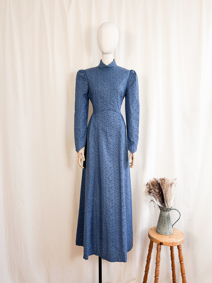 Enchanting Moody Blue 70s Cotton Maxi Dress