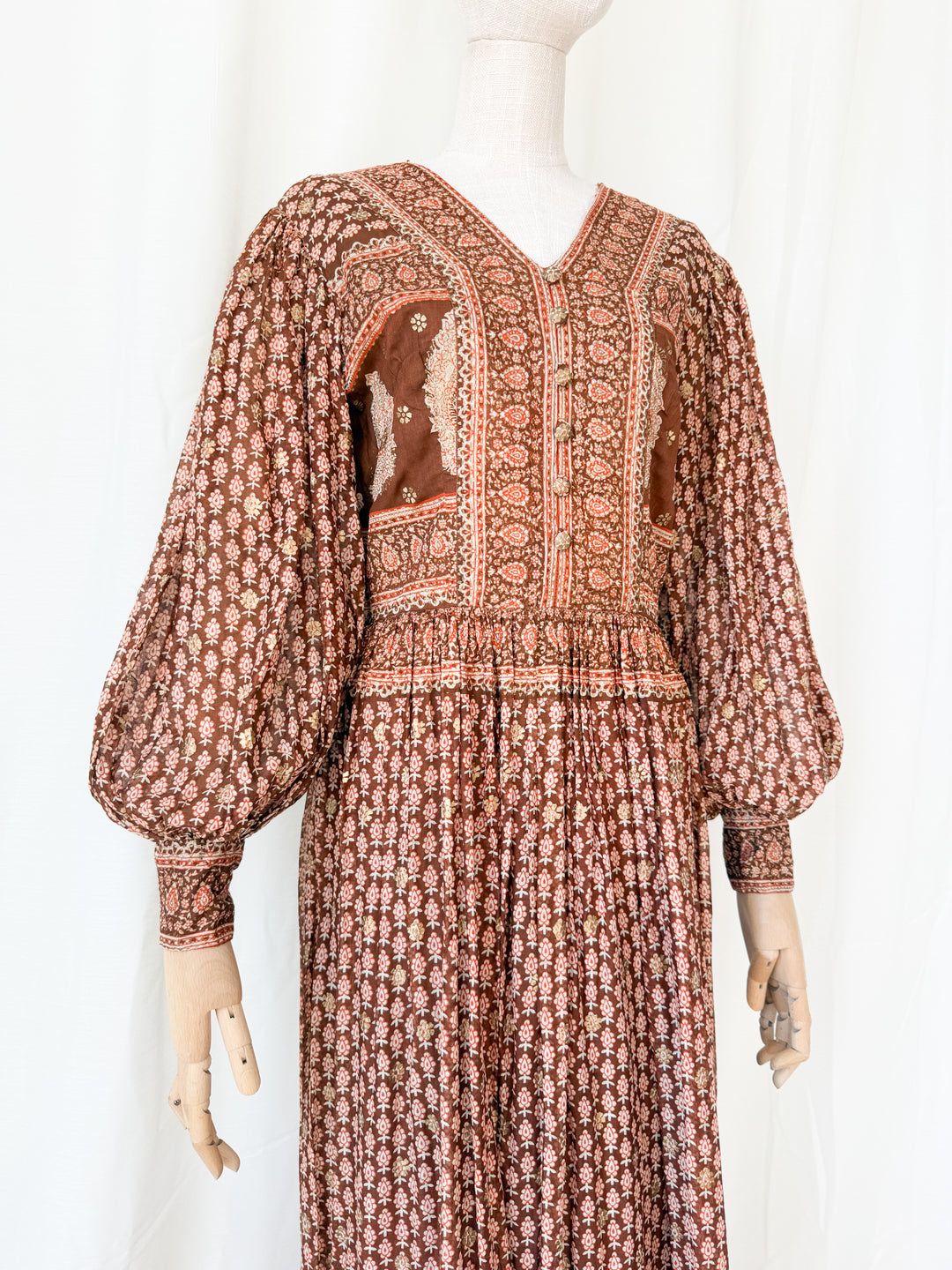 Insane Holy Grail Rare 1970s  Indian Cotton Gauze Block Print Gold Stamp Maxi Dress