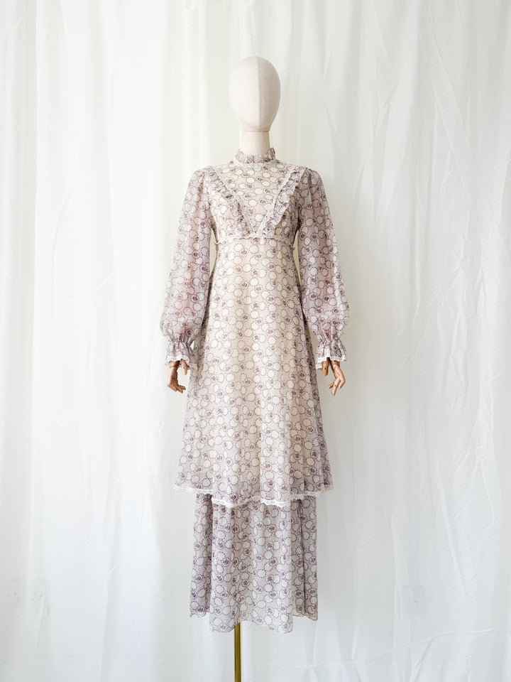 Beautiful Ethereal 1970s Floral Cotton Lace Trimmed Maxi Dress by Peterson Maid