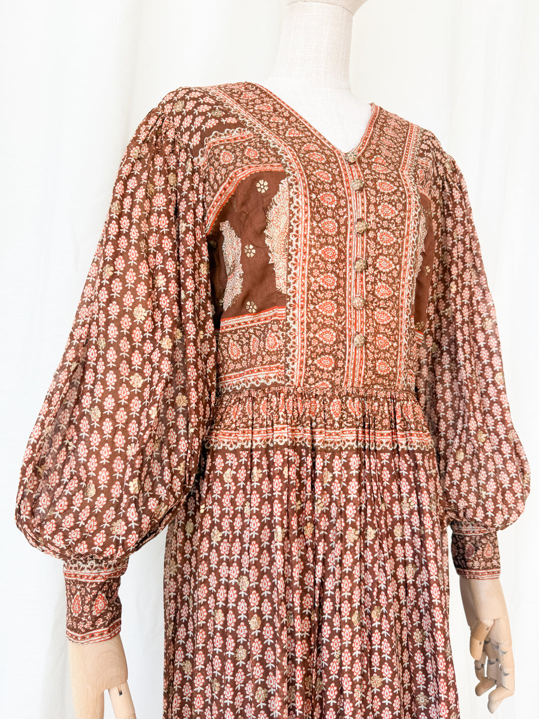 Insane Holy Grail Rare 1970s  Indian Cotton Gauze Block Print Gold Stamp Maxi Dress