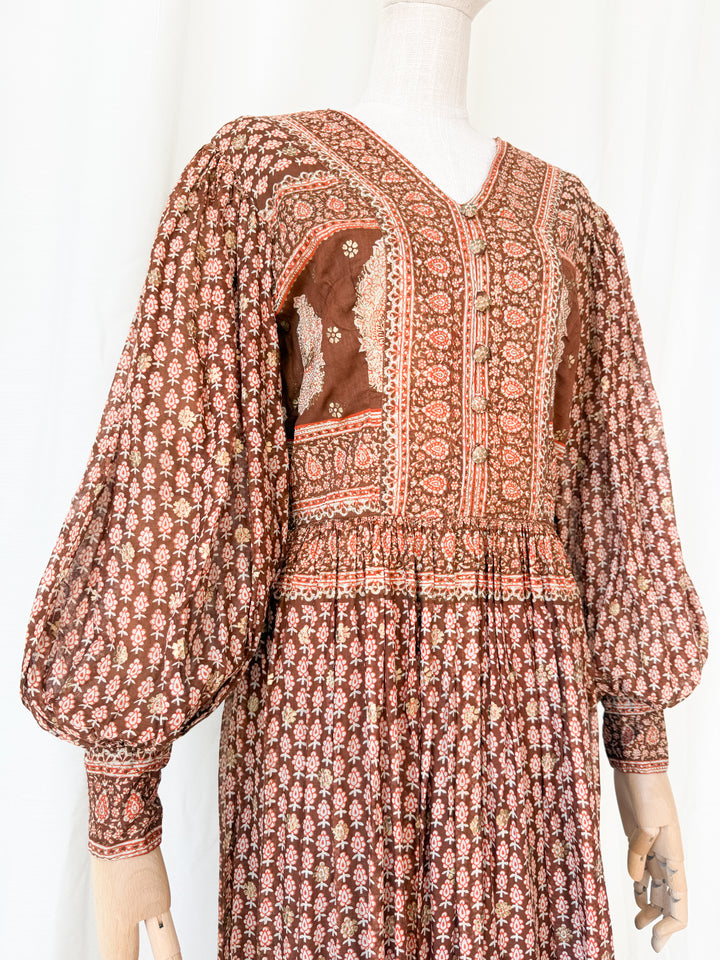Insane Holy Grail Rare 1970s  Indian Cotton Gauze Block Print Gold Stamp Maxi Dress