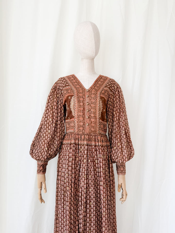 Insane Holy Grail Rare 1970s  Indian Cotton Gauze Block Print Gold Stamp Maxi Dress