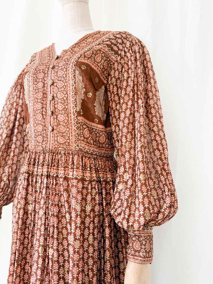 Insane Holy Grail Rare 1970s  Indian Cotton Gauze Block Print Gold Stamp Maxi Dress
