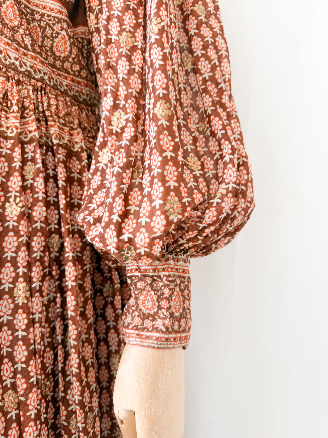 Insane Holy Grail Rare 1970s  Indian Cotton Gauze Block Print Gold Stamp Maxi Dress