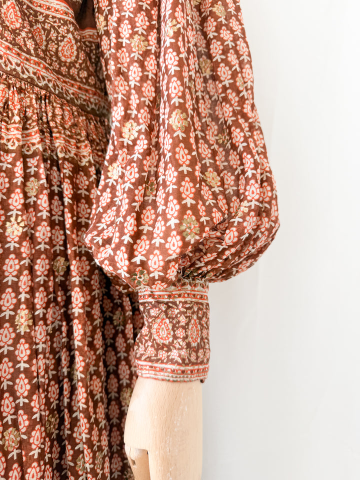 Insane Holy Grail Rare 1970s  Indian Cotton Gauze Block Print Gold Stamp Maxi Dress