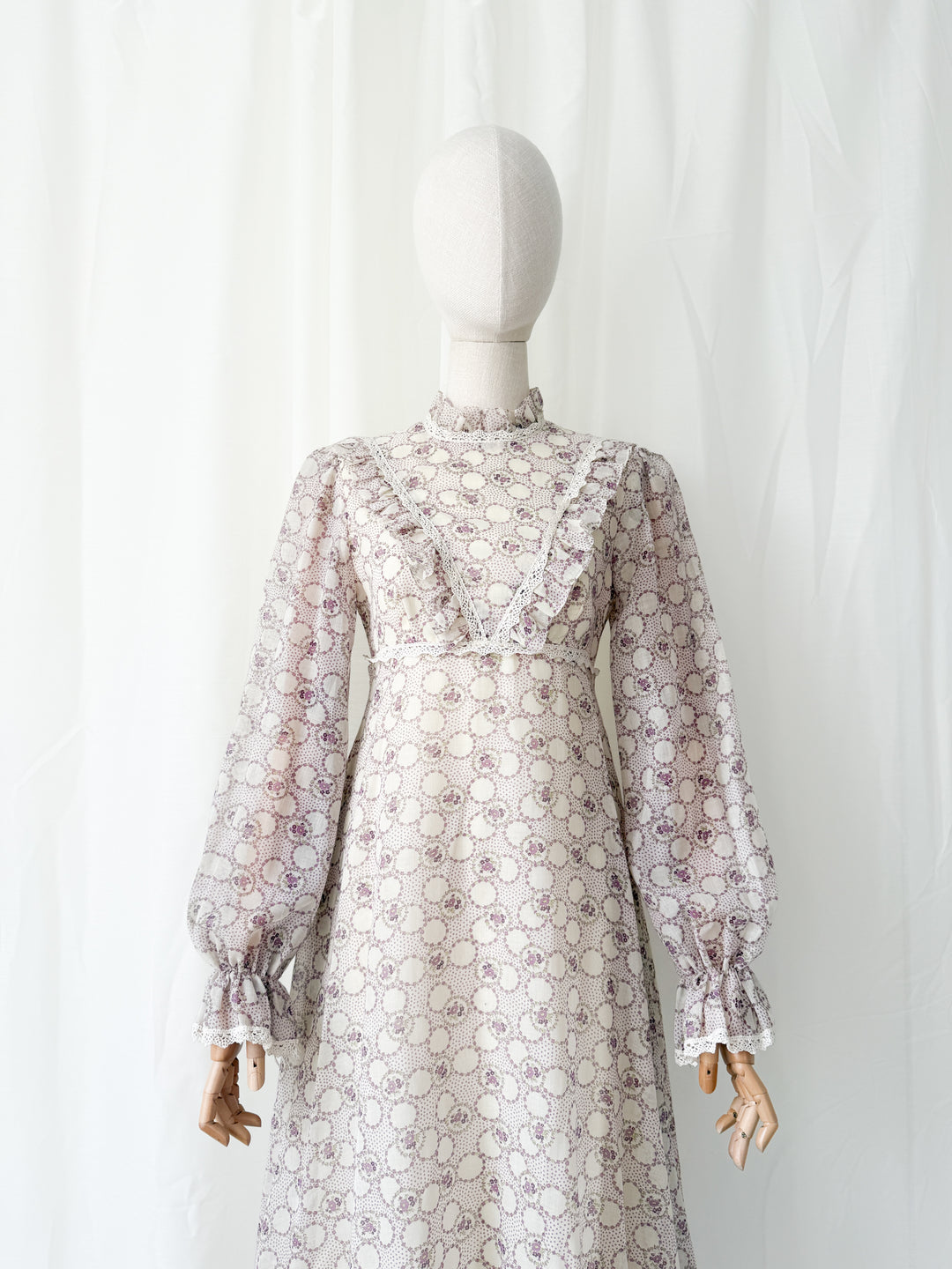 Beautiful Ethereal 1970s Floral Cotton Lace Trimmed Maxi Dress by Peterson Maid