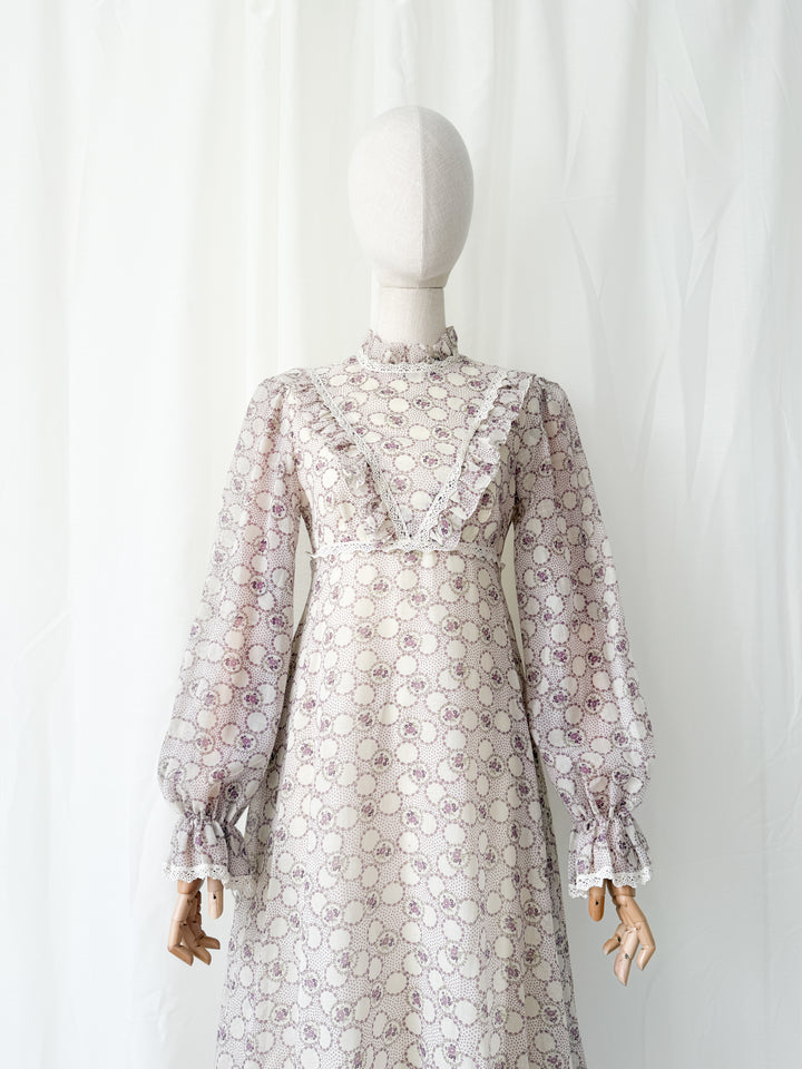 Beautiful Ethereal 1970s Floral Cotton Lace Trimmed Maxi Dress by Peterson Maid