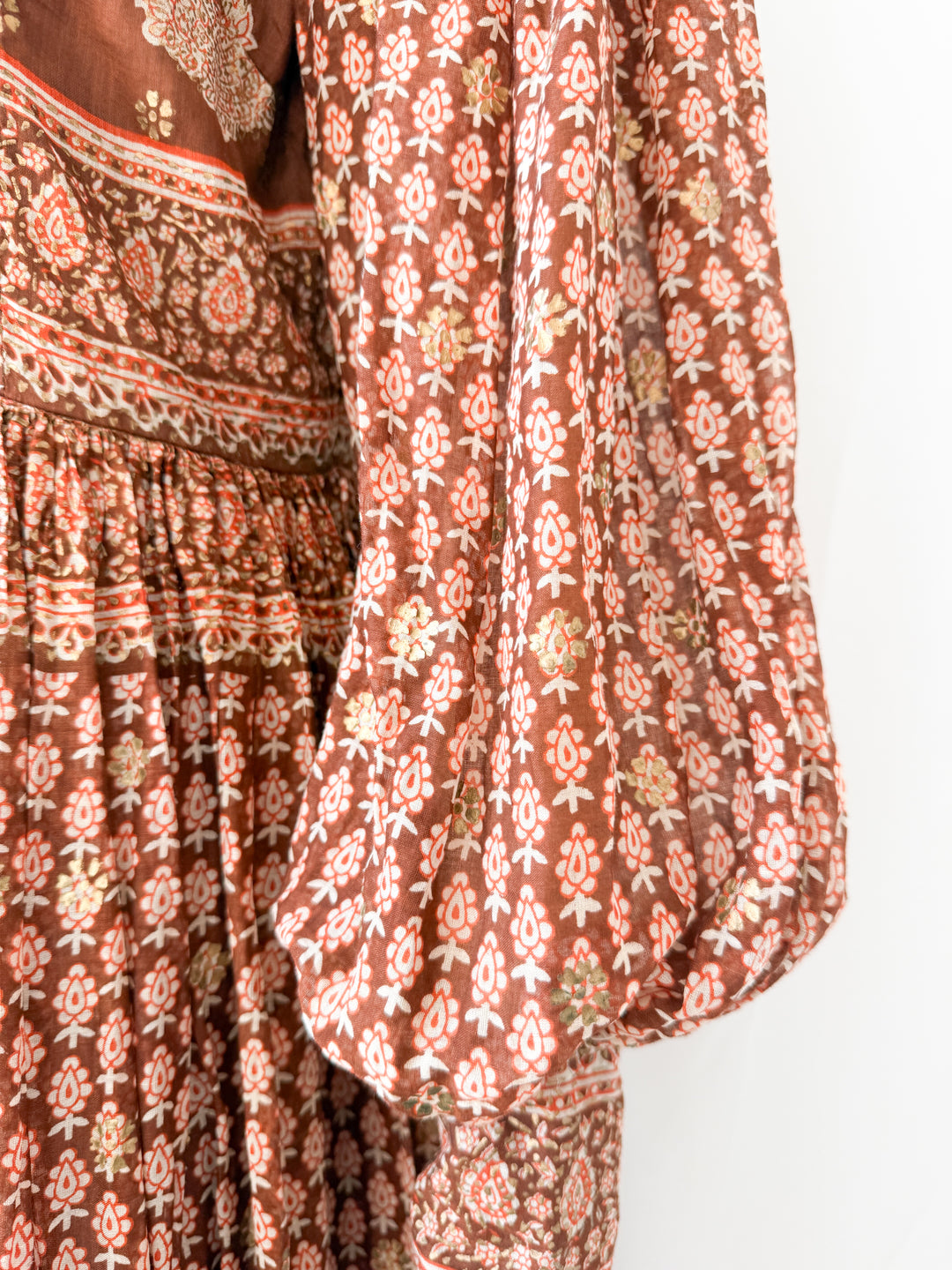 Insane Holy Grail Rare 1970s  Indian Cotton Gauze Block Print Gold Stamp Maxi Dress