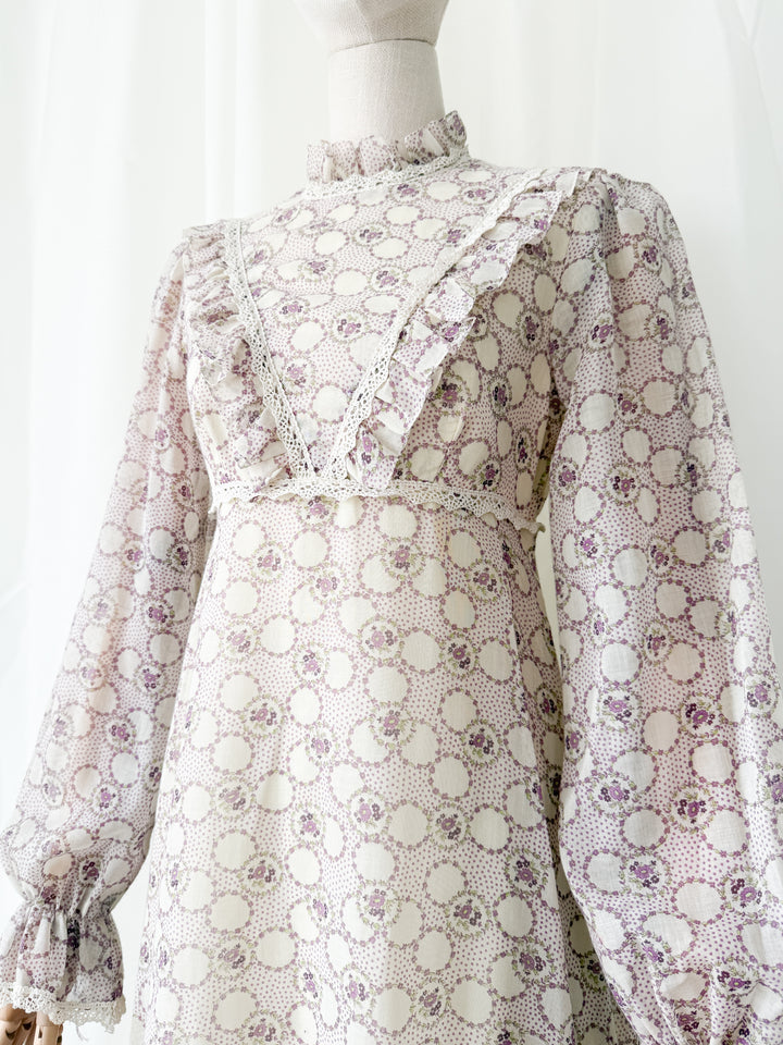 Beautiful Ethereal 1970s Floral Cotton Lace Trimmed Maxi Dress by Peterson Maid
