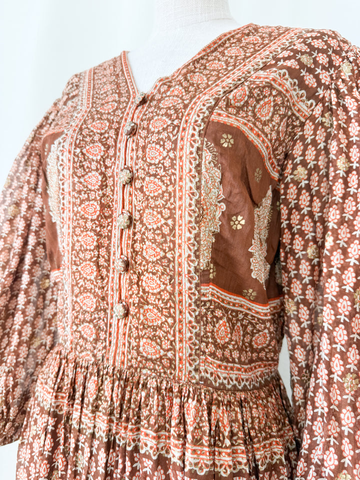 Insane Holy Grail Rare 1970s  Indian Cotton Gauze Block Print Gold Stamp Maxi Dress