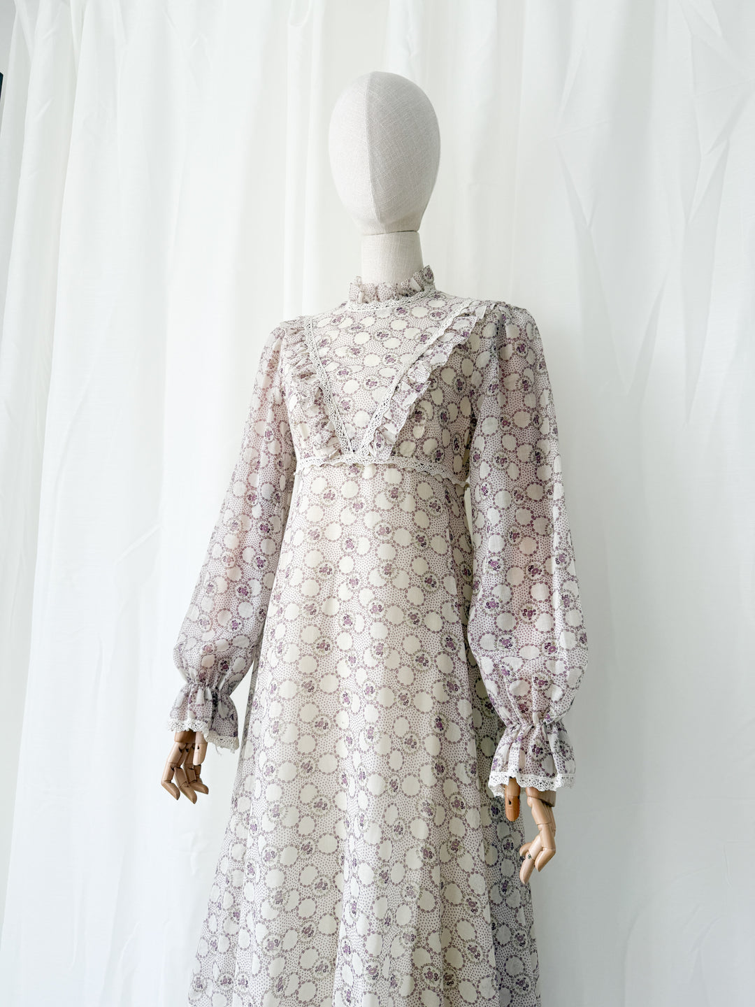 Beautiful Ethereal 1970s Floral Cotton Lace Trimmed Maxi Dress by Peterson Maid