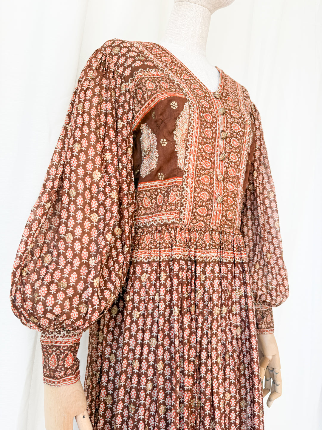 Insane Holy Grail Rare 1970s  Indian Cotton Gauze Block Print Gold Stamp Maxi Dress