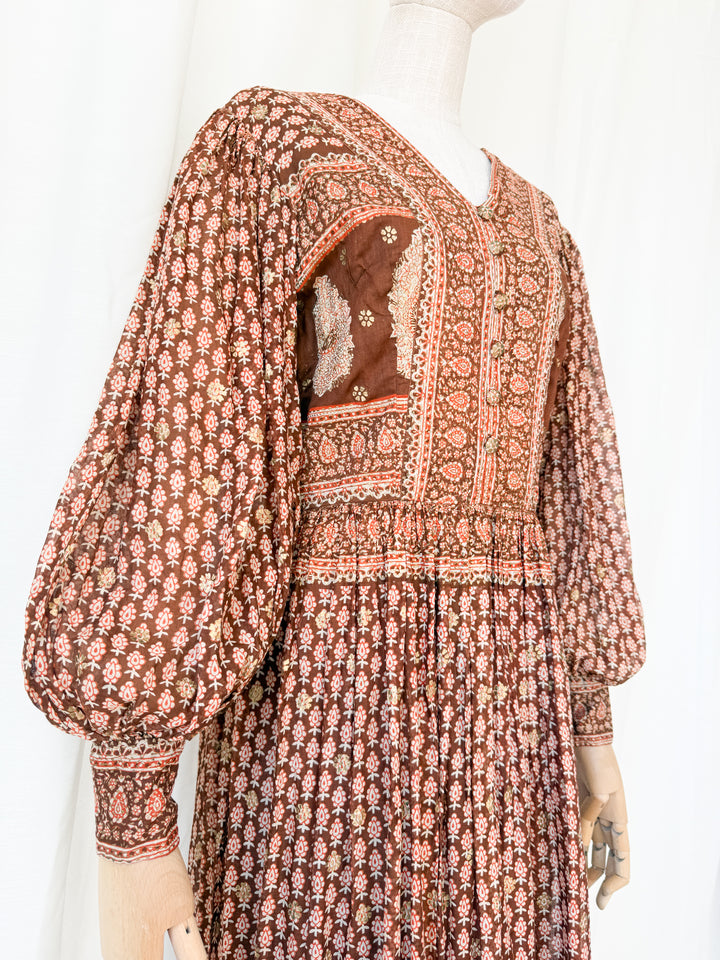 Insane Holy Grail Rare 1970s  Indian Cotton Gauze Block Print Gold Stamp Maxi Dress