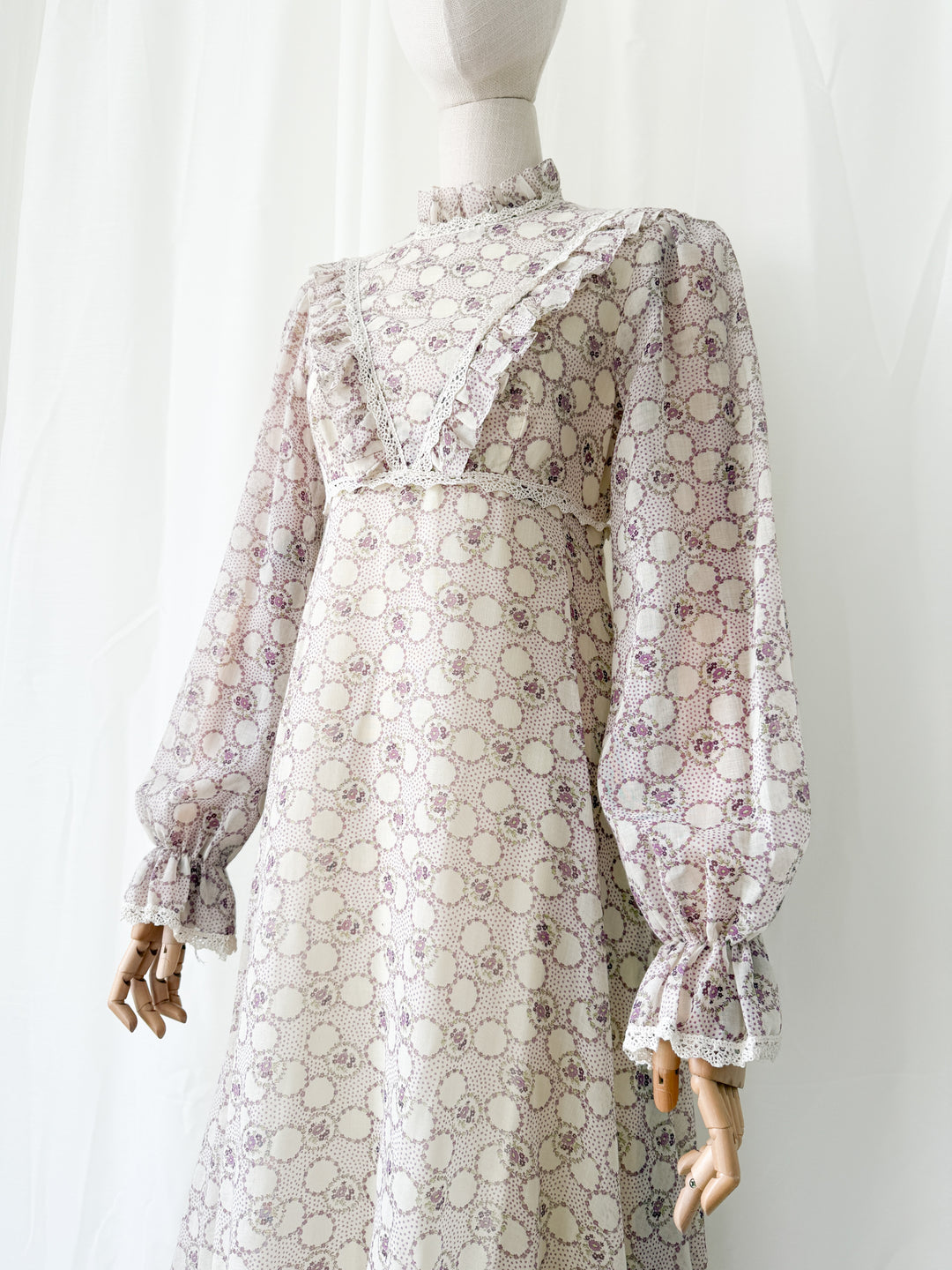 Beautiful Ethereal 1970s Floral Cotton Lace Trimmed Maxi Dress by Peterson Maid