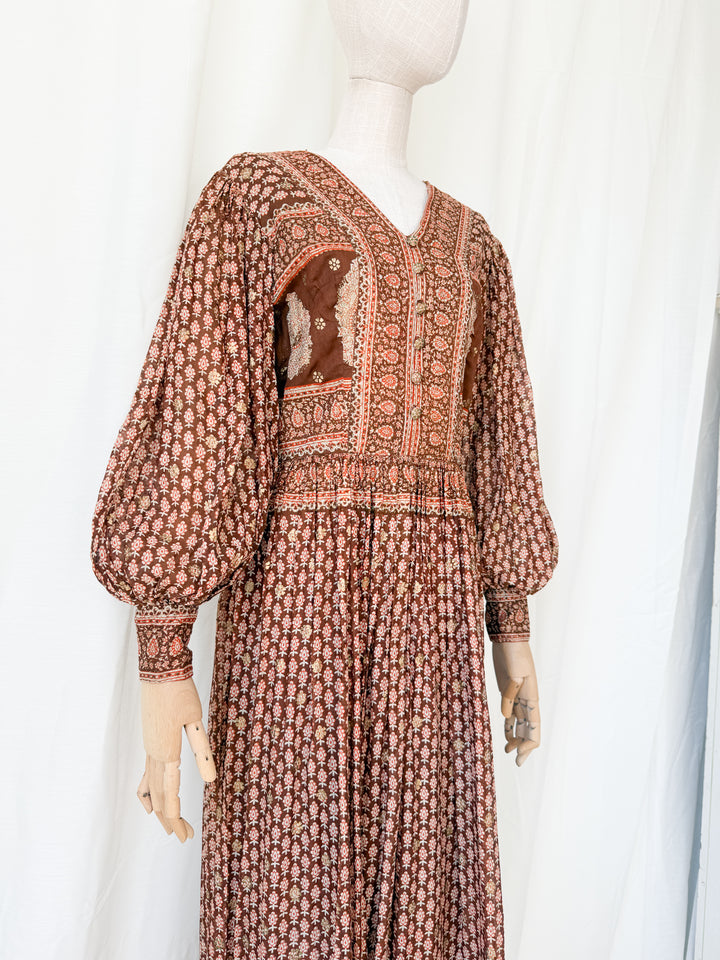 Insane Holy Grail Rare 1970s  Indian Cotton Gauze Block Print Gold Stamp Maxi Dress