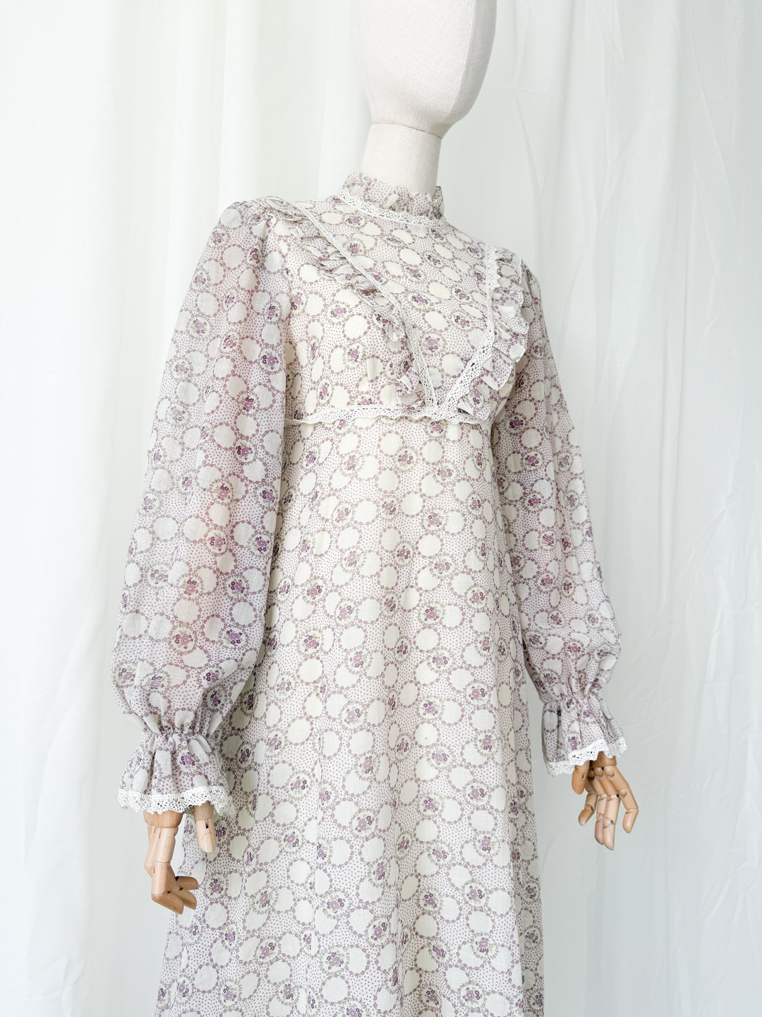 Beautiful Ethereal 1970s Floral Cotton Lace Trimmed Maxi Dress by Peterson Maid