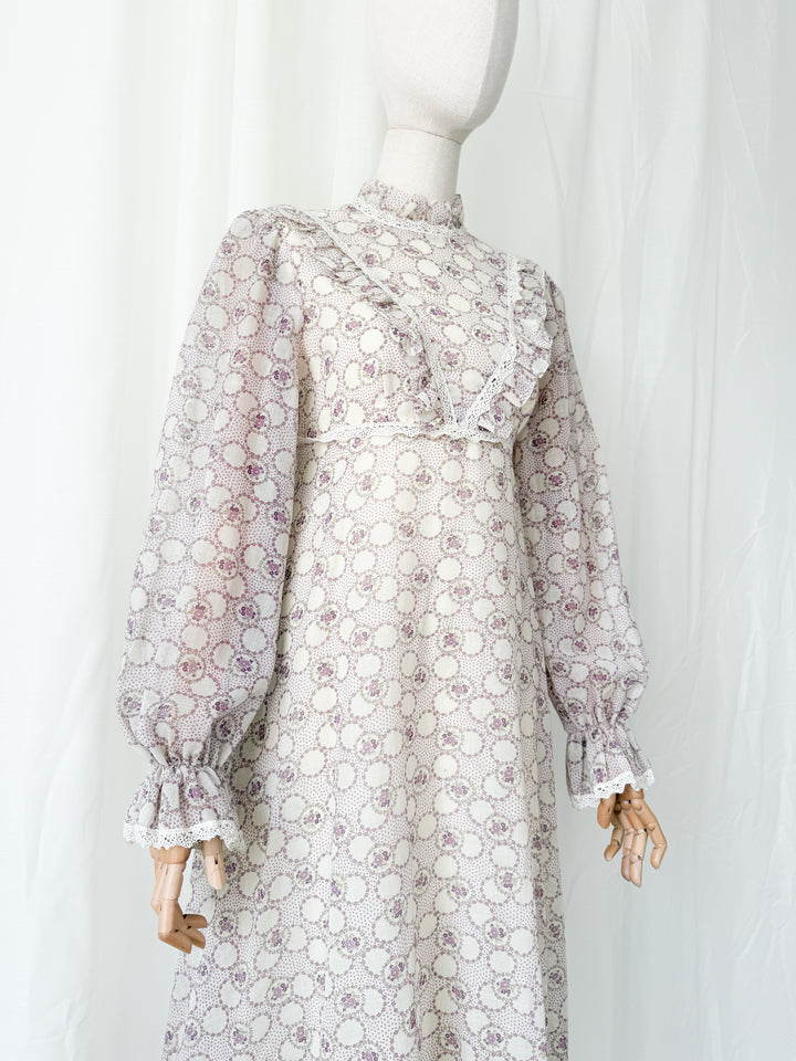 Beautiful Ethereal 1970s Floral Cotton Lace Trimmed Maxi Dress by Peterson Maid