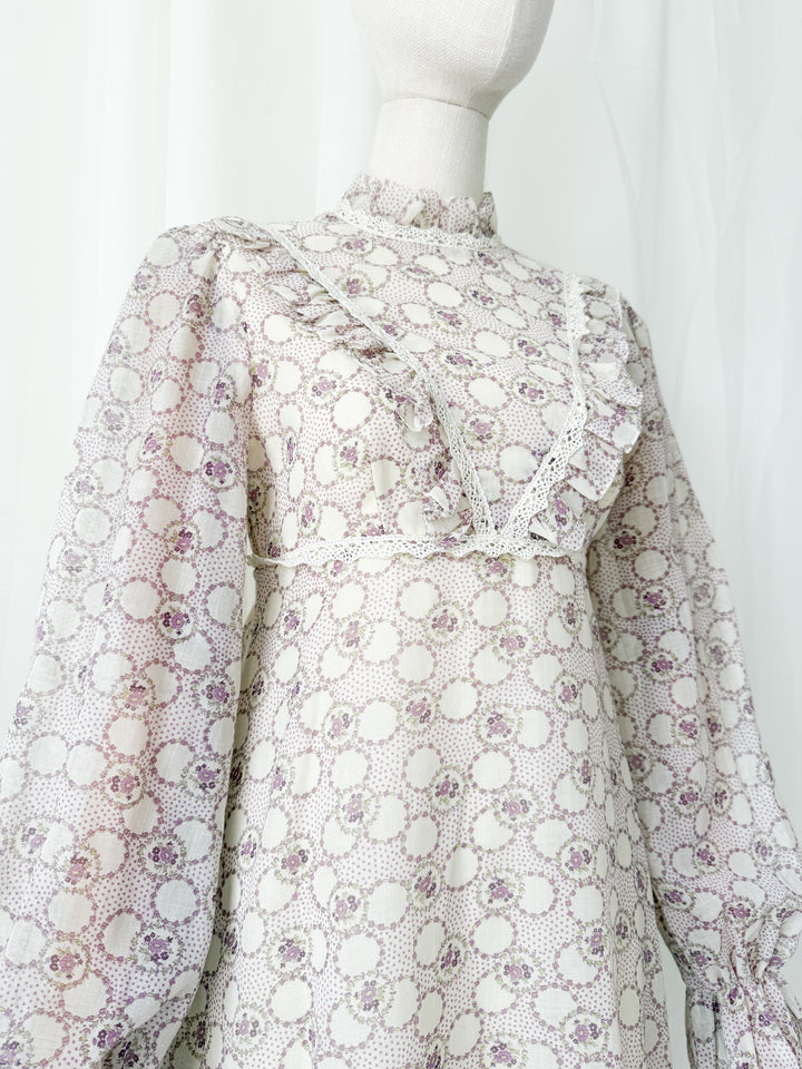 Beautiful Ethereal 1970s Floral Cotton Lace Trimmed Maxi Dress by Peterson Maid