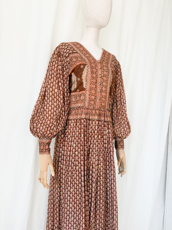 Insane Holy Grail Rare 1970s  Indian Cotton Gauze Block Print Gold Stamp Maxi Dress