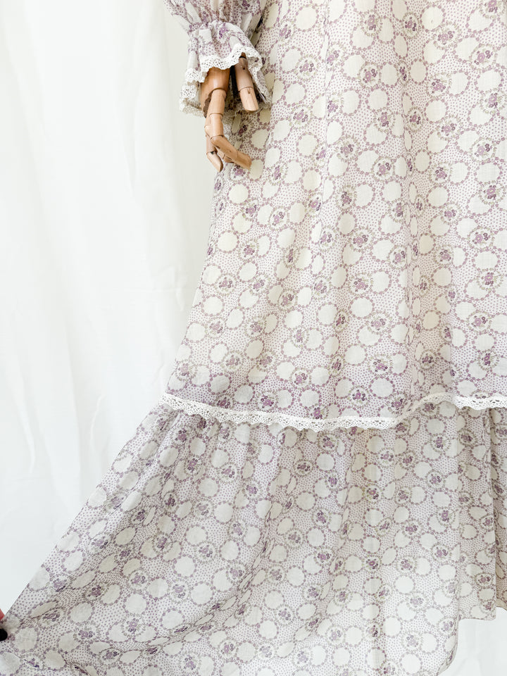 Beautiful Ethereal 1970s Floral Cotton Lace Trimmed Maxi Dress by Peterson Maid