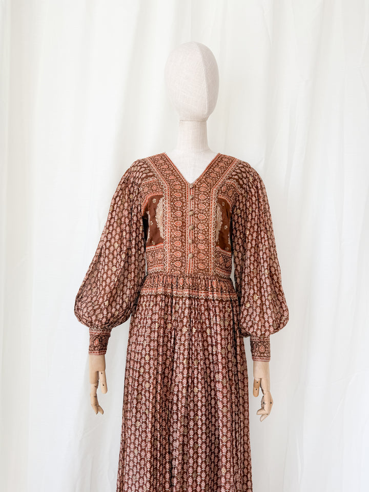 Insane Holy Grail Rare 1970s  Indian Cotton Gauze Block Print Gold Stamp Maxi Dress